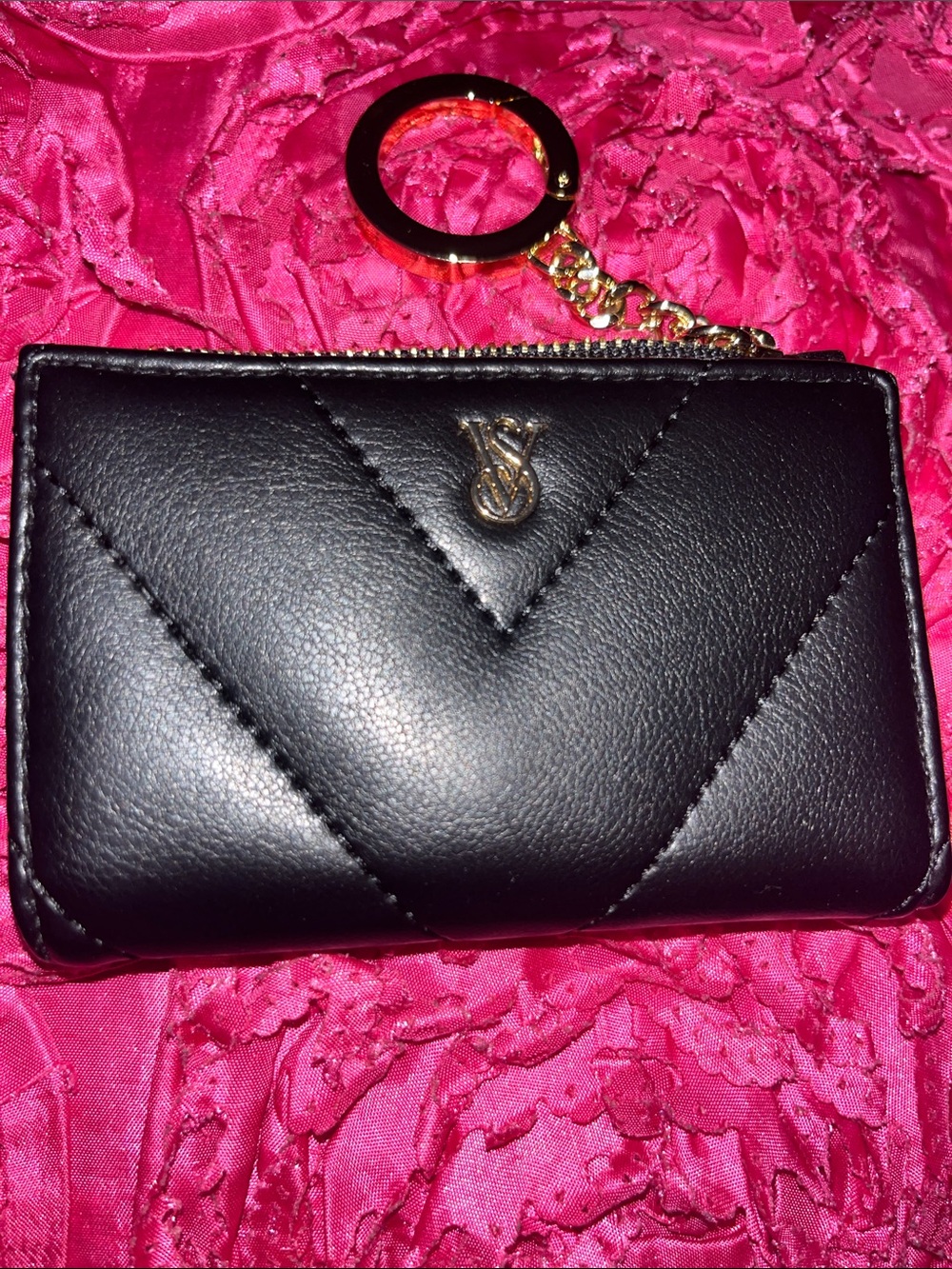 Victoria's Secret Black Quilted Leather Keyring Card Holder